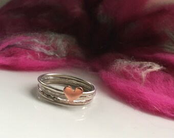 Sterling Silver Stacking Rings, Set of Three Rings, Stacking Rings Set, Silver Ring with a Copper Heart, Copper Heart Ring, Mixed Metal Ring