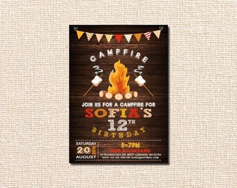 Campfire Birthday Invitation, Bonfire Invitation, Autumn Invitation, Campfire Birthday Invitation, Rustic wood, Campfire party invite