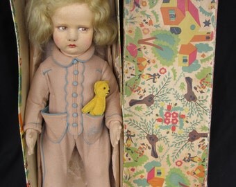 Lenci Doll Vintage, 17 1/2 inch Italian Felt Lenci Doll, Lenci Baby with Teddy Bear in Original Box, Lenci Series 300/14, Scavini Lenci
