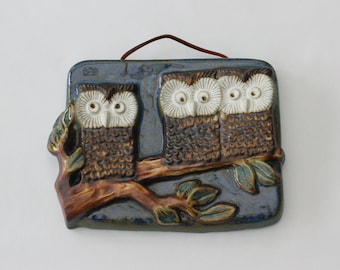 Cute 60s Wall Plaque in stoneware with 3 wise owls sitting on a branch. Made by EGO stengods Lidköping, Sweden.