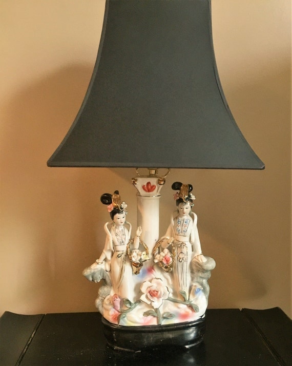 Vintage Chinese Figurine Lamp with New Black Shade Lined in
