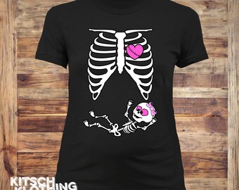 Halloween Skeleton Shirt | Baby Girl Pregnancy T-shirt | Ribcage Zombie Baby T-shirt | Plus Size Available | Maternity Top | Mom to be AR-7