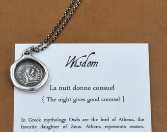 Owl Wisdom Wax Seal Necklace The night is full of wisdom - Wax Seal Pendant of an Owl in a Tree - 111