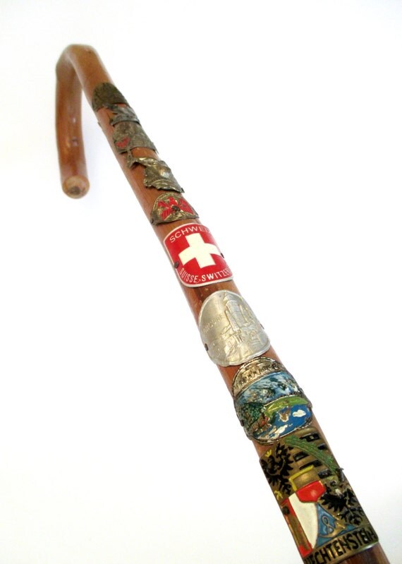 Antique Wood Walking Hiking Stick with 10 Bedges 1950s European
