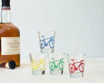 Bicycle Shot Glasses, single Red, Yellow, Blue, or Green screen printed bike