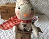 Primitive cute little snowman snowmen in ice cream container with silver spoon by yellowsweetpotato