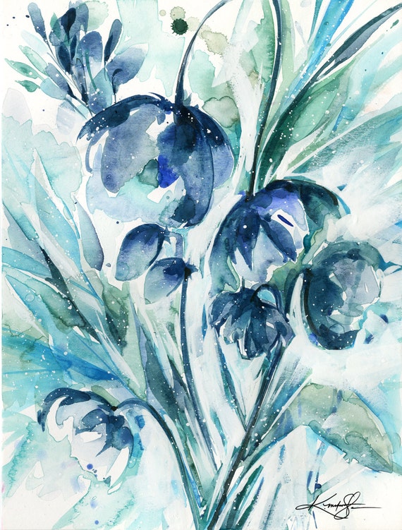 Abstract Flower Watercolor Painting blue teal aqua Poppy