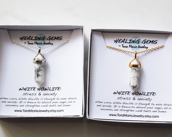 White Howlite for Stress & Anxiety. Healing Gems. Vertical hexagon double pointed. 15, 16, 18, 20, 22, 24, 26, 28, or 30 inch layering. Gift