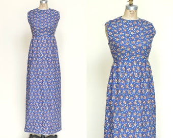 1960s Calico Maxi Dress --- Vintage Blue Dress