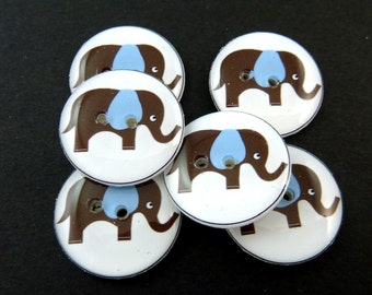 6 Elephant Buttons. Brown Elephant with Blue Ears. Sewing Buttons. 3/4" or 20 mm. Novelty Buttons Handmade By Me. Washer and dryer Safe.