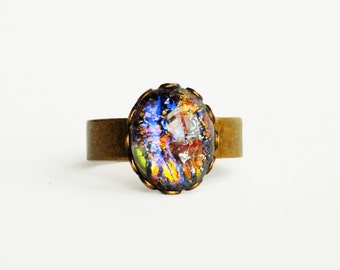 Black Opal Ring Vintage Rainbow Glass Ring Fire Opal Brass Ring Adjustable Rainbow Ring Iridescent Glass Ring Opal Jewelry