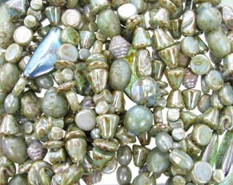 LIMITED 25mm to 6mm Green Turquoise Picasso Lumi Luster Mixed Shapes and Sizes Czech Glass Beads - Qty 25 (AW287)