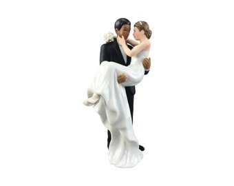 African American Groom Holding Caucasian Bride Interracial Cake Topper Figurine - Custom Painted Hair Color Available - 707562