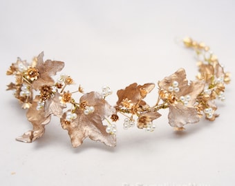 Gold Bohemian Rustic Wedding Wreath bridal Crown Headpiece of Golden Babies Breath and Gold Leaves Flower Crown Leaf Headband Boho Wedding