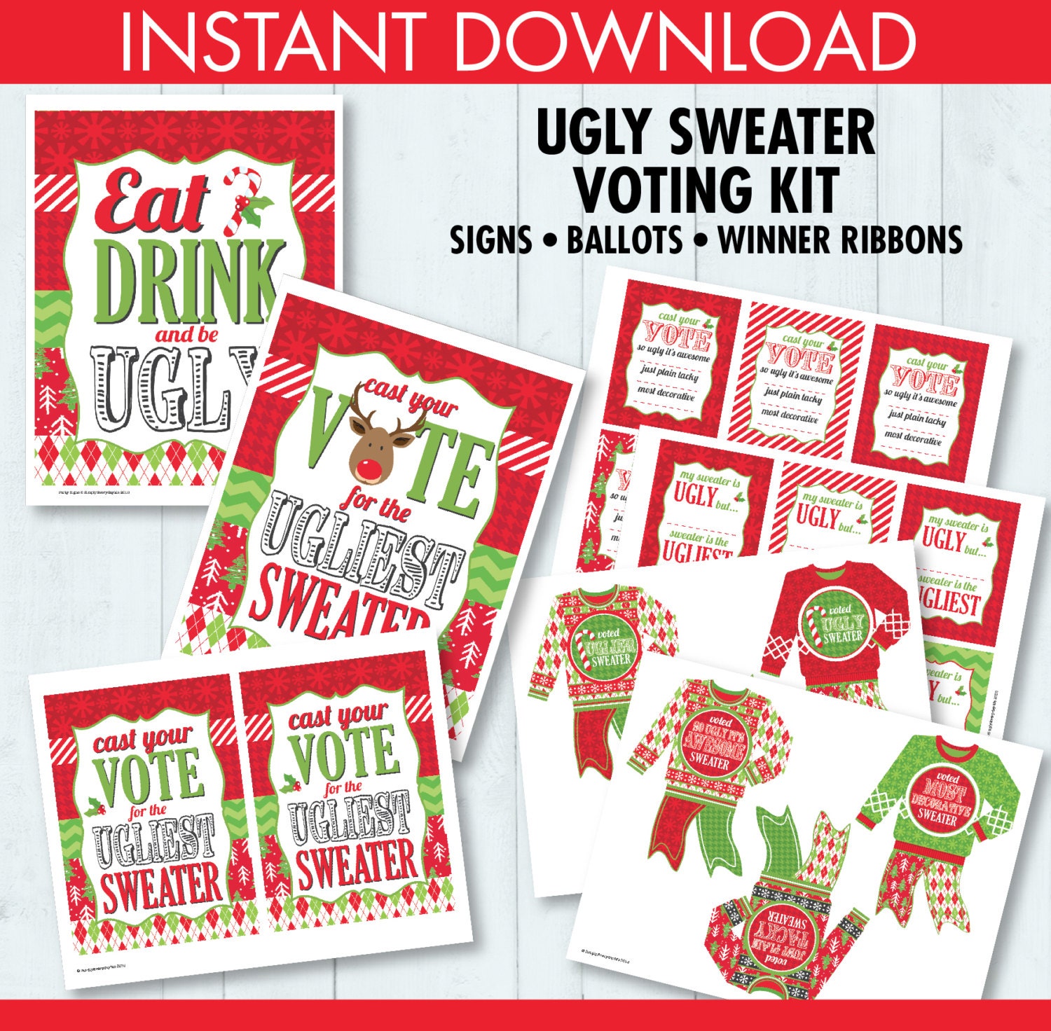 ugly-sweater-party-voting-ballots-award-ribbons-christmas