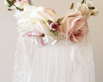 Blush pink flower crown, flower crown veil, bridal headpiece, dusty pink floral crown, woodland wedding, circlet, wedding hair accessories