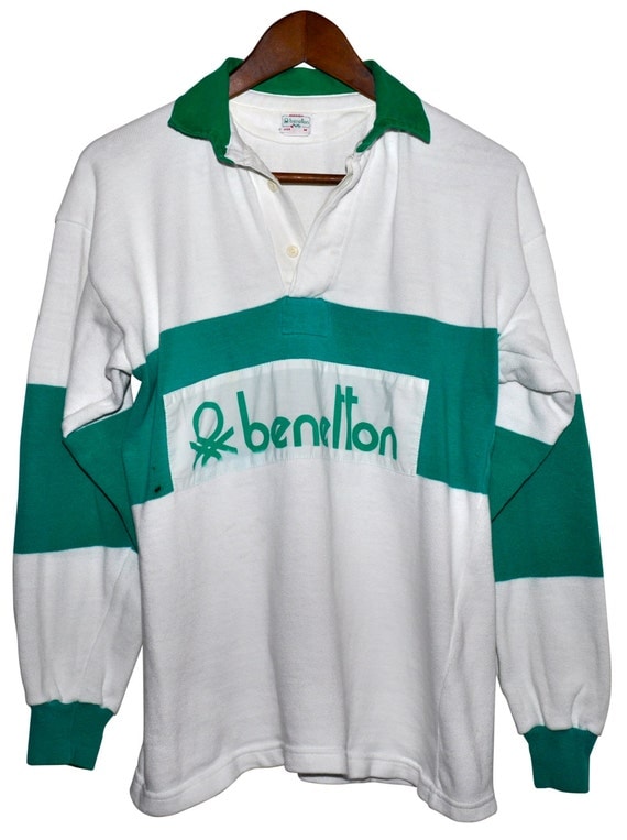 Vintage 80s BENETTON Rugby Shirt Green White Striped Long