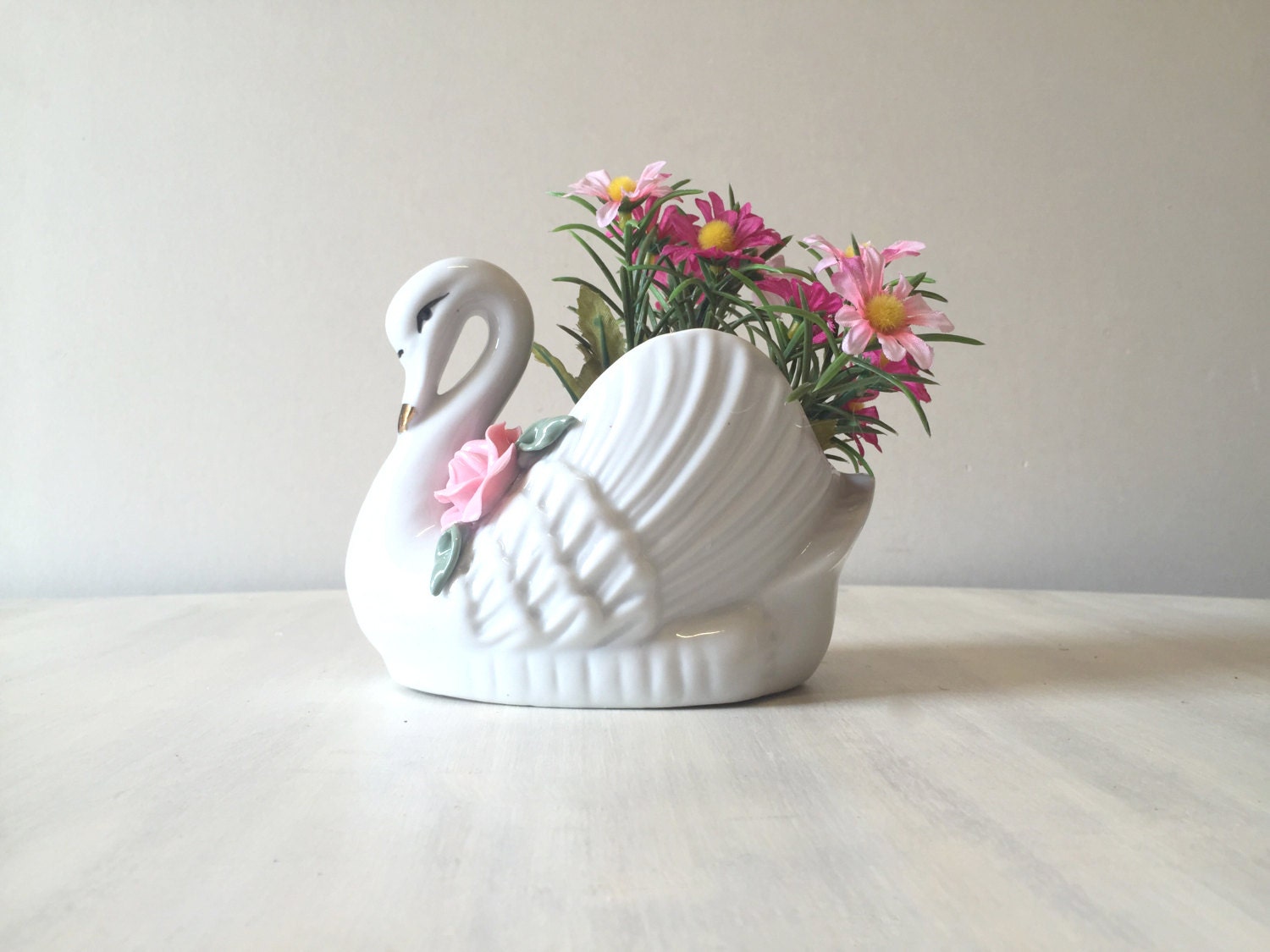 Vintage swan planter white china swan pottery swan planter