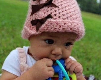 Crochet Paiyton Cloche Hat with Grosgrain Ribbon Bows Buttons Infant Baby Toddler Photo Prop Custom Colors Winter Fall Velvet Acorn Pattern