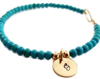 Turquoise Beaded Bracelet, Zodiac Bracelet, Good Luck Bracelet, Personalized Bracelet, Initial Charm, Turquoise Jewelry, Venexia Jewelry