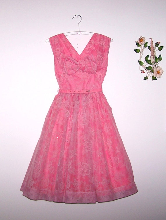 Vintage 1950s Party Cocktail Dress Pink Flocked Roses On 