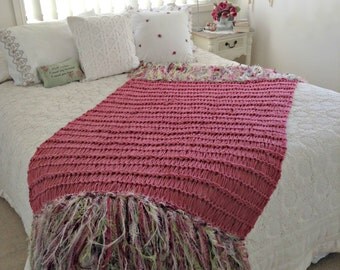 Cottage Chic Rose Pink Throw Blanket. Shabby Chic Home Decor with Ivory, Green in Fringe. Country Cottage Hand Knit Afghan Kids or Women