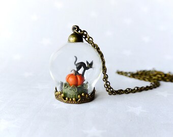 Halloween Necklace Pumpkin & black cat. Fairy tale ring