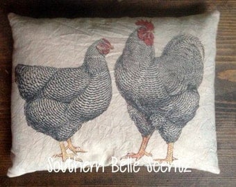 Rooster and Chicken Hen Feedsack Pillow
