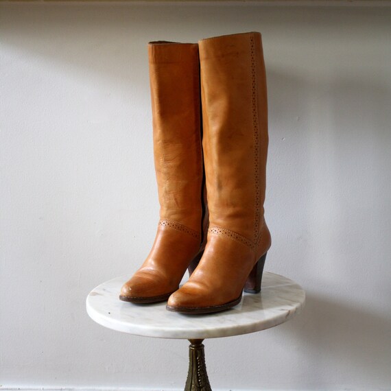 TALL Leather Boots 8 Women's Brown High Heel Zippered