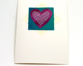 Valentine Card Fiber Art Heart Pink Turquoise