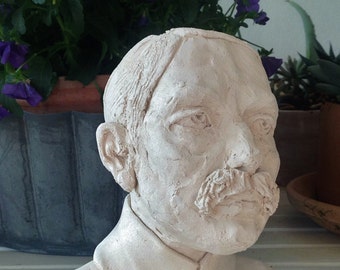 Portrait Sculpture in white terracotta, Bust Portrait of Romantic Gentleman with mustache, elegant home decor