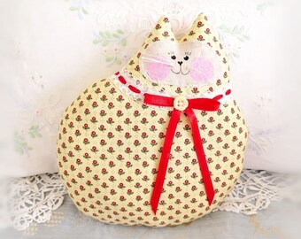 Cat Pillow Doll Cloth Doll 7 inch Cat, Light Yellow with red flowers, Primitive Soft Sculpture Handmade CharlotteStyle Decorative Folk Art
