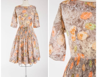 Vintage 50s Dress • Lurid Fruit • Orange Green Floral Cotton Voile 1950s Day Dress Size Small