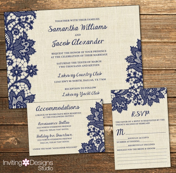 Rustic Wedding Invitation Burlap Lace Navy Blue Country