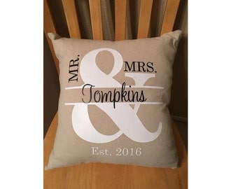 Monogram Pillow Cover, Wedding Gift Pillow Cover, Mr. and Mrs. Pillow with Established Date, 18 x 18 inches