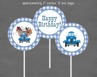 INSTANT DOWNLOAD Little Blue Truck Birthday Cupcake Toppers--Custom Printable; Blue Gingham Book Theme