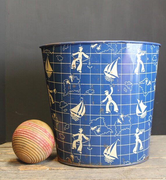 Vintage Nautical Metal Litho Trash Bin // Navy Blue with