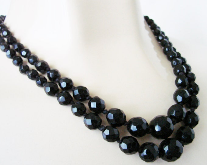 1950s Black Glass Bead Bib Necklace / Faceted Beads / Double Strand / Vintage Jewelry / Jewellery