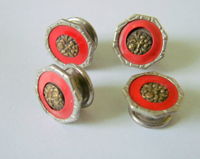 Art Deco Red Celluloid Snap Two Sided Cufflinks / Antique Cufflinks / Vintage Jewelry / Wedding / Formal Wear / Suit Accessories