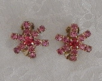 Vintage Earrings, Pink Rhinestone Clip On Earrings- 1960s Jewelry