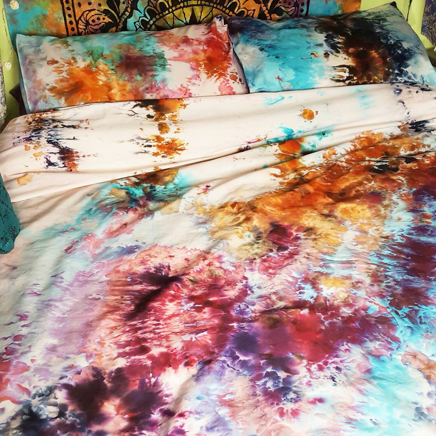 Tie Dye Duvet Set Hippie Bedding Watercolor by DrawforToffee