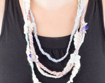 Layered Flower Necklace, Multi Strand Necklace, Art Yarn Necklace, Fiber Statement Necklace, Hippie Fiber Jewelry, Multicolour Bib Necklace