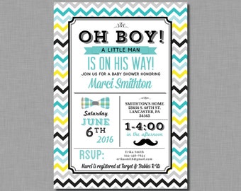 Mustache Baby Shower Invitation Little Man gray teal Mason BD01 Digital or Printed