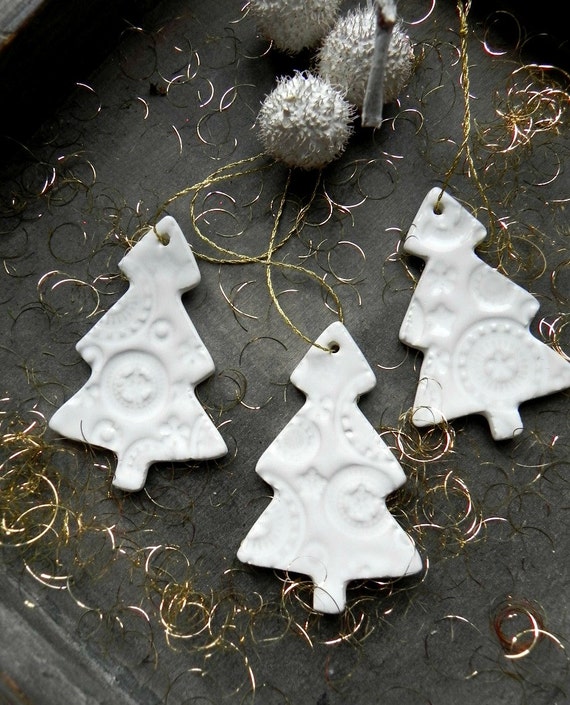White Christmas Tree Ornaments Lace Ceramic Winter Home Decoration Gift Set of 3