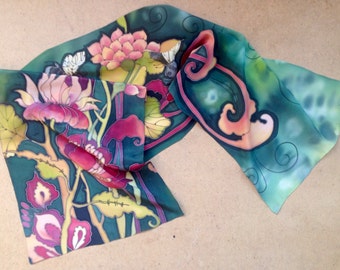 Dark green and red herbal motive silk scarf. Hand painted silk scarf in green and red colors. Ready to ship.