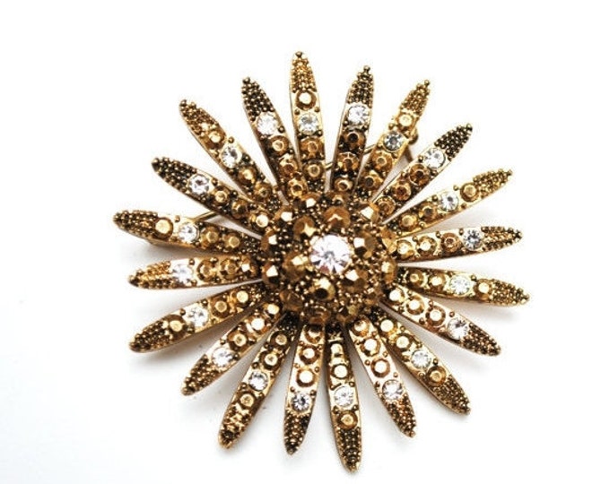 Gold Rhinestone Flower Brooch Mid Century Atomic Pin