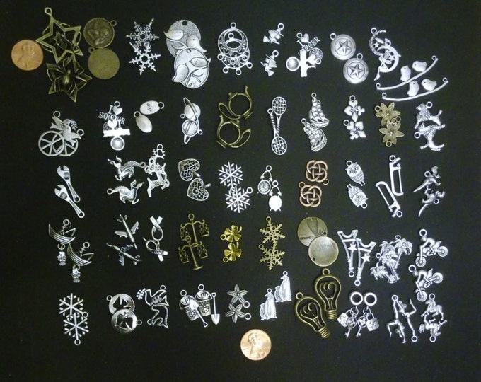 SALE save 25% - 50 charm pairs, 100 charms total, No Duplicate pairs, jewelry DIY, bulk charms, silver charms, bronze charms, alloy charms