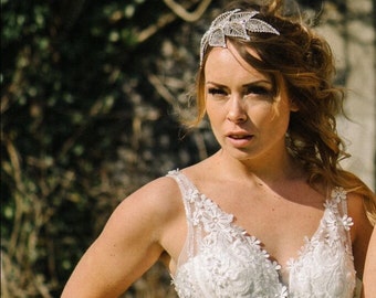 Statement diamante leaf styled side tiara