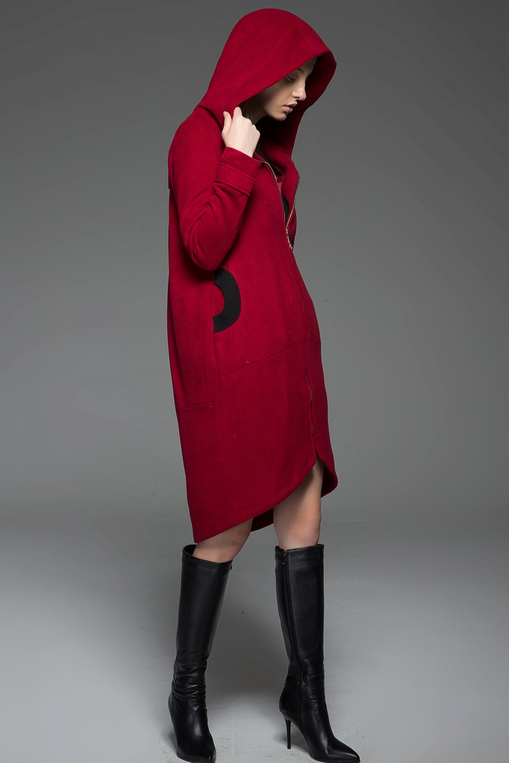 Red Hooded Jacket Modern Casual MidLength Zippered by YL1dress