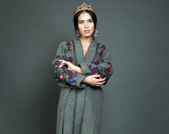 Winter coat embroidered coat long wool coat wool coat women winter coat warm coat grey wool coat warm long coats warm wool coat midi coat